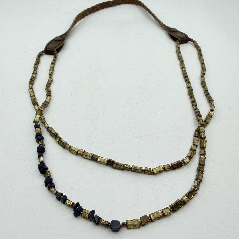 Bronze Tone Blue Chip Bead Double Strand Leather Cord Boho Statement Necklace
